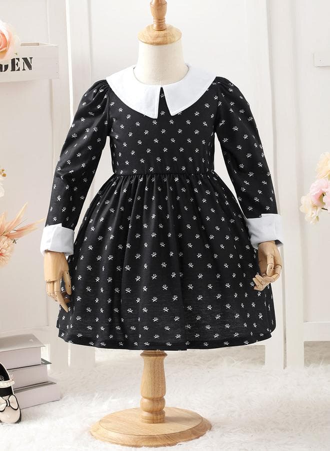 Girl'S Print Colorblock Collar Long Sleeve A-Line Dress