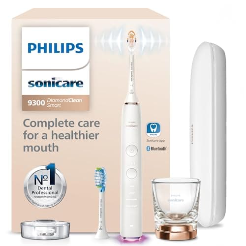 Philips Sonicare DiamondClean Smart 9300 Electric Toothbrush Sonic Toothbrush with App Pressure Sensor 12 Brushing Settings Replacement Reminder Travel Case Rose Gold Model HX990365