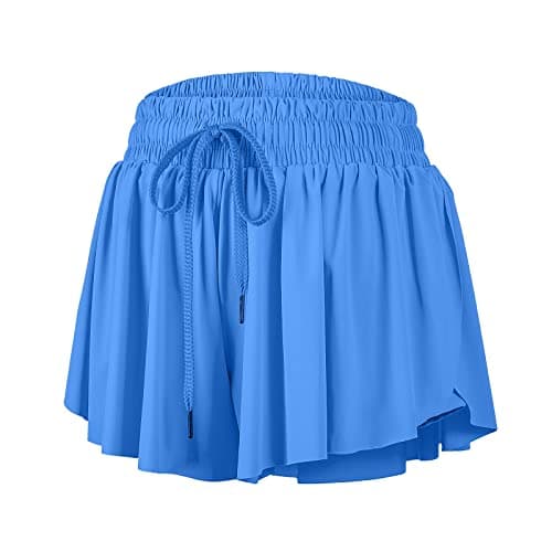 Flowy Athletic Shorts for Women Gym Yoga Workout Running Sweat Short Spandex Butterfly Tennis Skort Skirt with Pockets Underneath Teen Girls Cheer Dance Cute Comfy Trendy Clothes Casual Summer Blue S