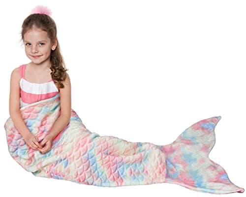 Catalonia Kids Mermaid Tail Blanket, Super Soft Plush Flannel Sleeping Snuggly Blanket for Girls, Cotton Candy, Fish Scale Pattern, Mermaid Gift for Girls