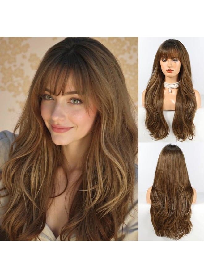 Long Ombre Brown with Highlight Wig with Fringe Layered Curly Wigs for Women Natural Synthetic Fibre Wigs for Daily Use (pelucas de cabello natural)