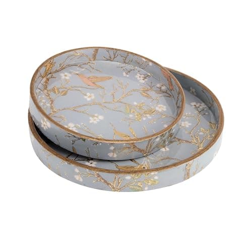 TrayFi MDF Round Wooden Serving Tray | Pack of 2 | Enamel Finished Trays - Size : 9x9, 7x7 Inches | Handcrafted Wooden Tray for Kitchen & Dining (Sky Birds)