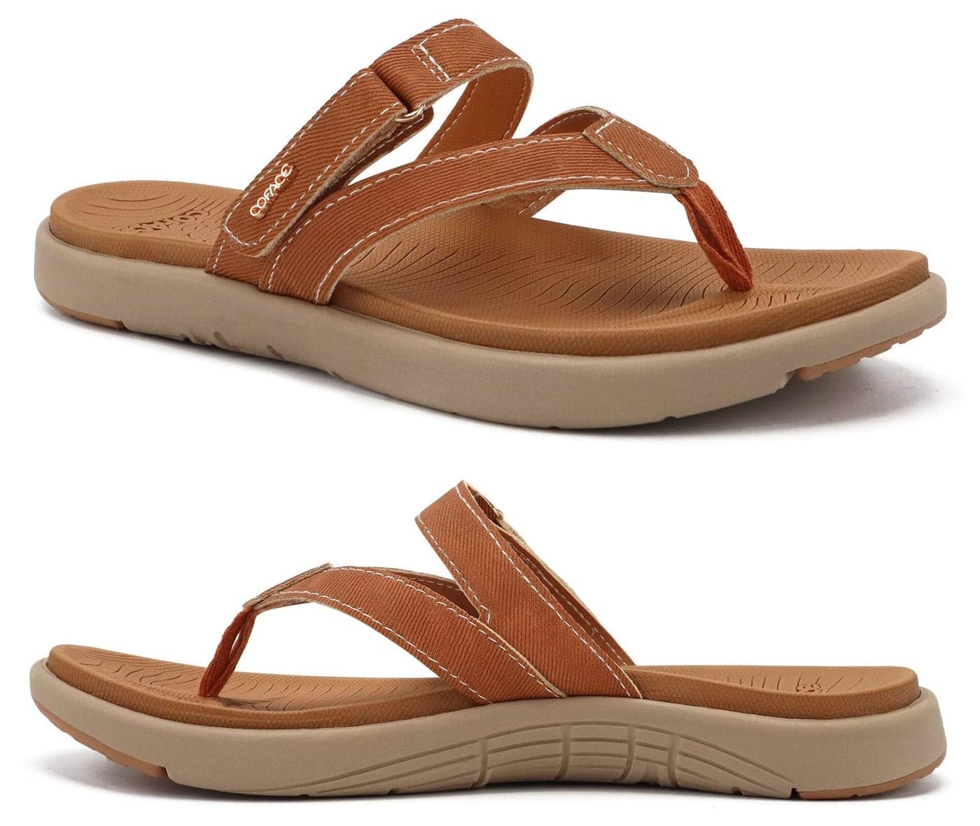 COFACE Womens Orthopedic Flip Flops Ladies Slip On Athletic Yoga Memory Foam Cushioned Recovery Walking Thong Sandals Summer Beach Pool Slippers Comfortable Plantar Fasciitis Arch Support Tan Size 8