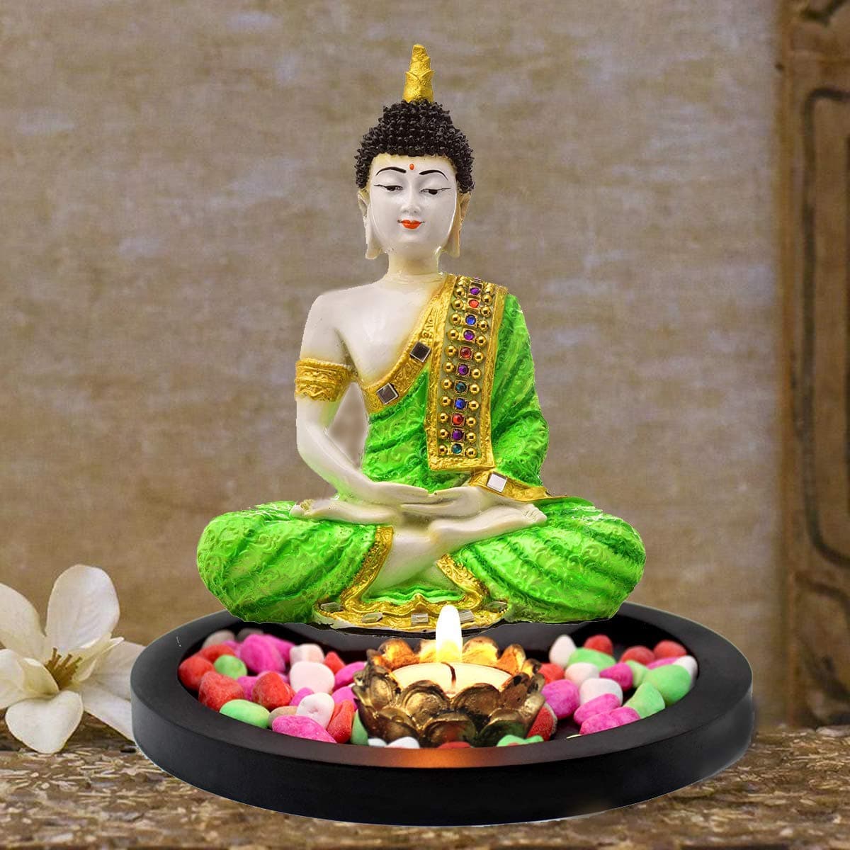 SN Handicrafts Sitting Buddha Showpiece for Home Decor Whit Stones Lotus Tealight Candle Holder and Wooden Tray for Living Room Home Décor and Gifts (White/c Green) 1set