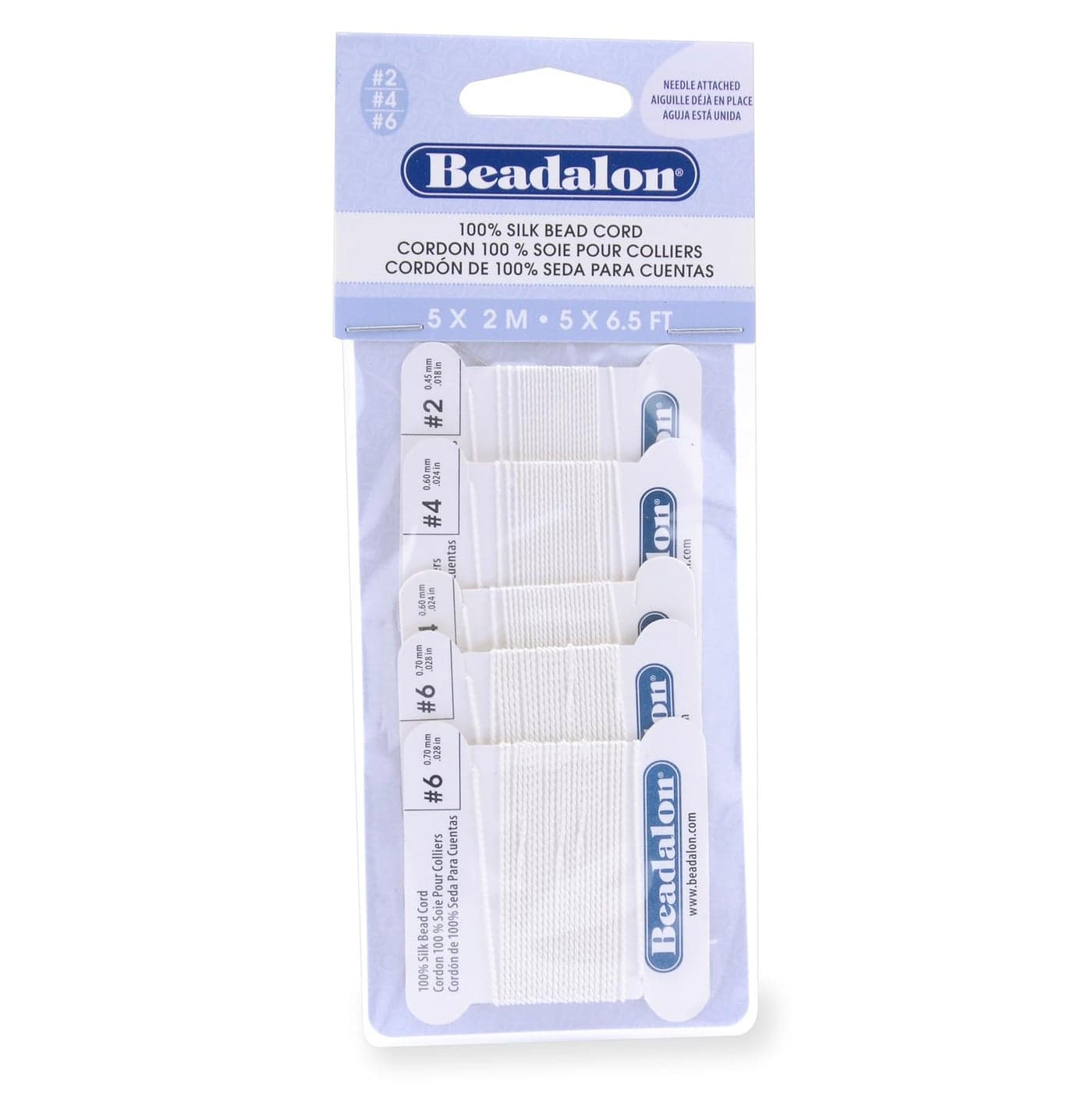 Beadalon 106A120 Silk Thread Variety Pack Sizes 1x02 2x04 2X06 2 Meters Each with Needle White