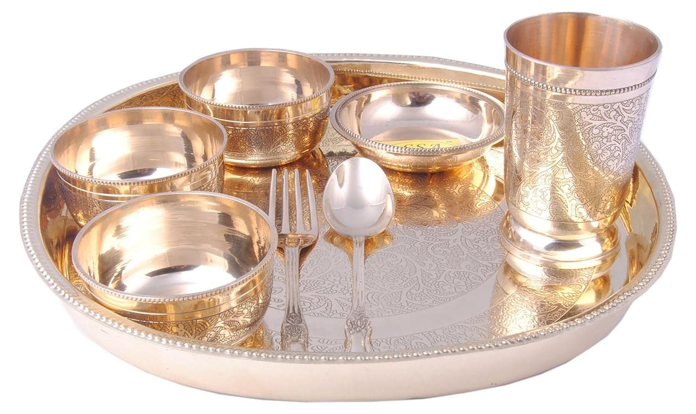 SHIV SHAKTI ARTS Brass Thali Set 8 pcs 3 Brass bowls1 glass1 Square Plate 1 Puding Plate 1 Fork and 1 Spoon Restaurant Ware Home Hotel
