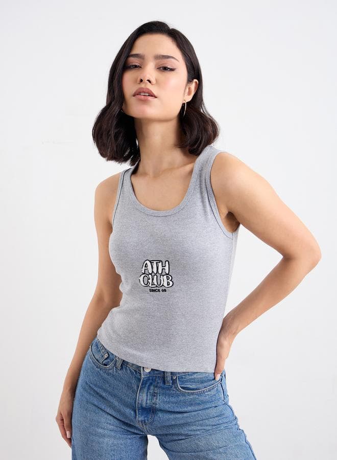 Embroidered Slogan Ribbed 100% Cotton Tank