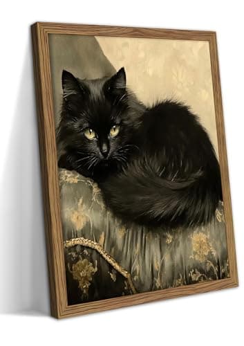 Black Cat Wall Art Framed, Vintage Cat Painting Print, Classical Animal Canvas Wall Decor, Rustic Cottagecore Aesthetic Pictures for Living Room Bedroom Home – 8x10 inch