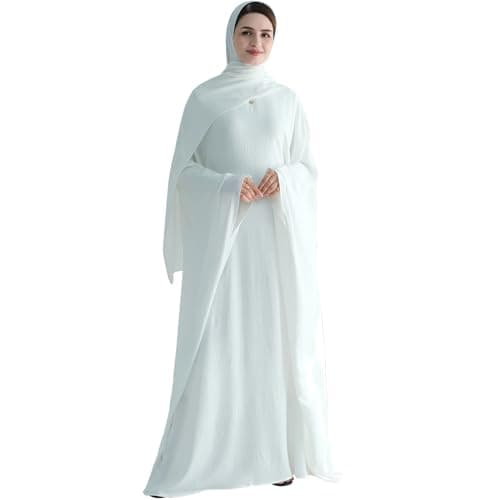 Muslim Abaya Dress Women Middle East Arabian Prayer Robe Batwing Maxi Kaftan Abaya Dress with Hijab White