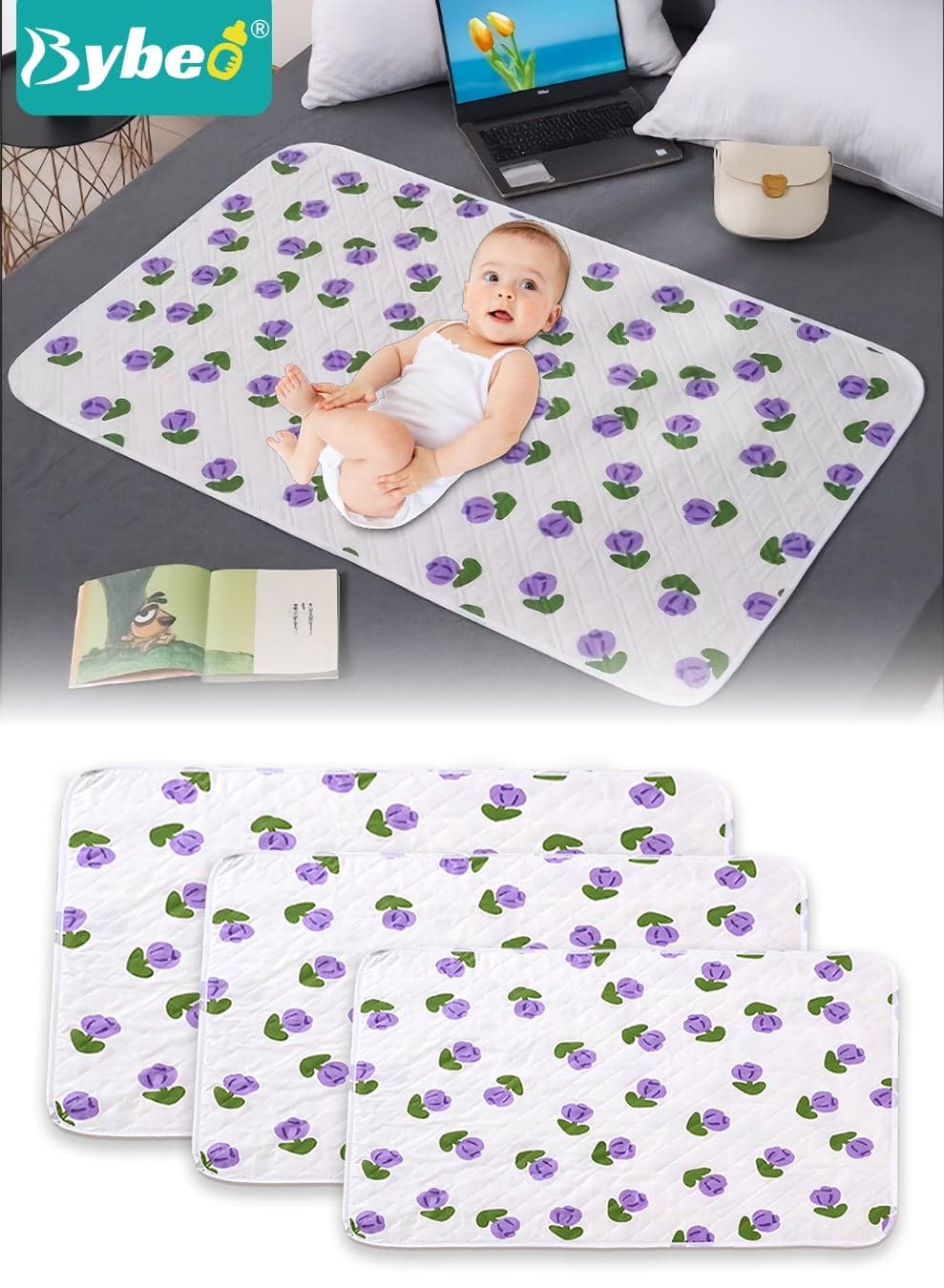 3 Pack Baby Washable Changing Mats, Waterproof Changing Pads, Ultra Soft Crib Mattress Sheets, Highly Absorbent Leakproof Underpads, Pure Cotton Bed Wetting Protector Mat for Newborns & Kids
