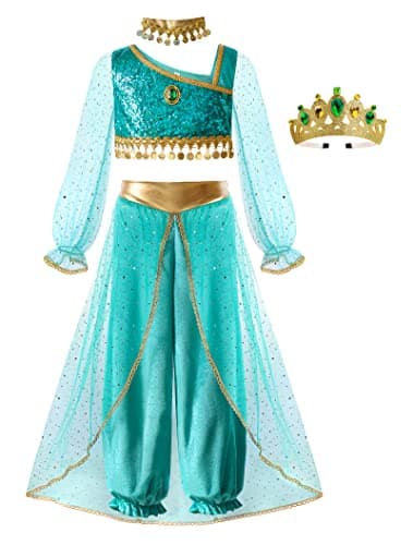 ReliBeauty Princess Toddle Costumes for Girls Arabian Long Sleeves Dress up Holloween Party Birthday with Collar and Crown1214150 Green