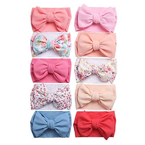 KIDOCHEESE Big Bows Hairbands Soft Polyester Nylon Hairband with Large Bows for Baby Girls Newborn Infant Toddlers Kids 10 Colors in 1 Package
