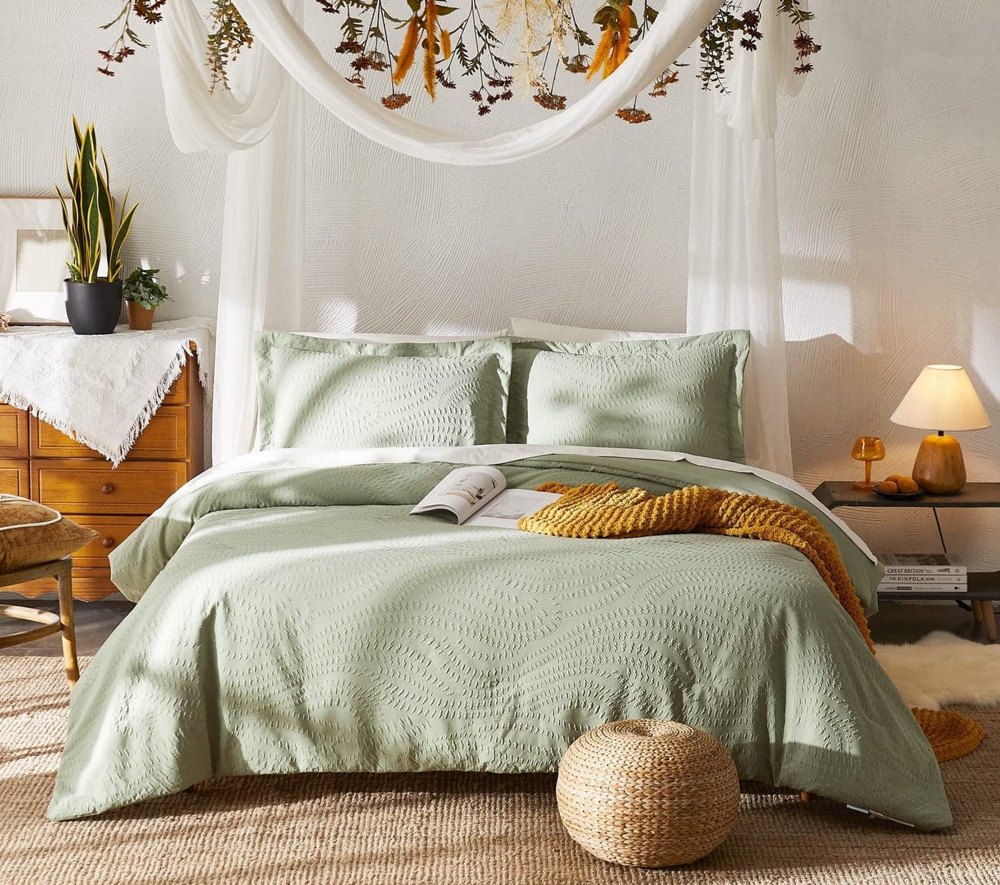 Geniospin Full Comforter Set Bed in a Bag Sage Green Bedding Sets 7Pieces Botanical Pattern All Season Comfortable Seersucker Bedding with Comforter Sheets Pillowcase Shams Full80x90