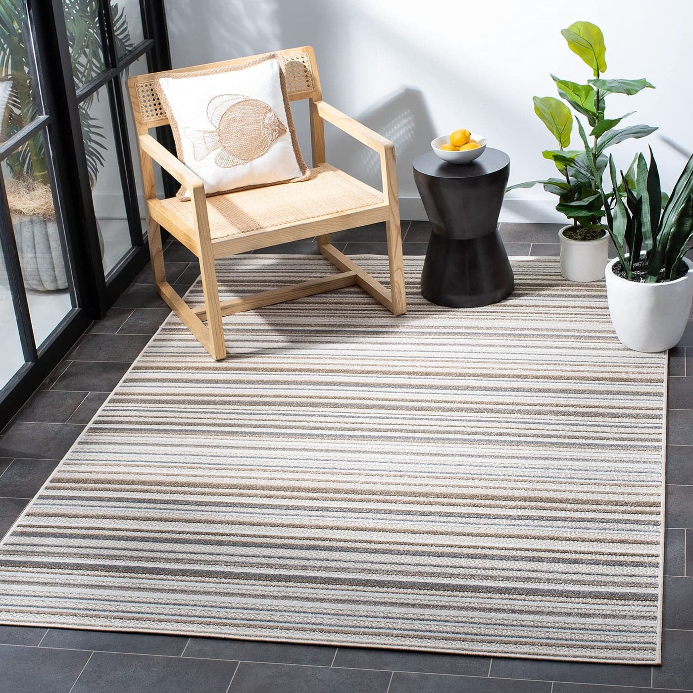 SAFAVIEH Area Rug 8x10 Outdoor Cabana Collection Large Ivory Grey Stripe Design Weather Resistant Washable Ideal for Patio Backyard Mudroom Deck Dining Space CBN323B