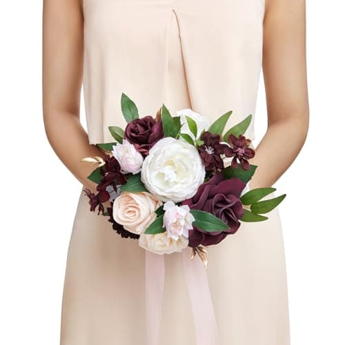 Ling's moment Artificial Flowers Red Bridesmaid Bouquet, Marsala & Blush Wedding Flowers Bouquets for Bridesmaids, 7 Inch Bridal Bouquets for Bridesmaids, Wedding Decor, Ceremony, etc