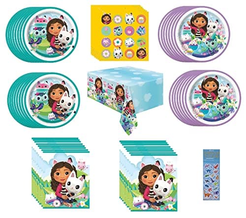 Unique Gabbys Dollhouse Birthday Party Supplies Bundle Pack includes 16 Dessert Cake Plates 16 Lunch Plates 16 Napkins 1 Table Cover 16 Loot Bags Bundle for 16