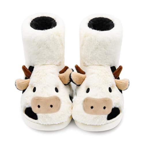 PUWAN Cow Bootie Slippers for Women Men, Cute Animal Cozy Memory Foam Fuzzy Slipper Boots Plush Lining Warm Winter House Shoes for Indoor Outdoor Size 8-8.5