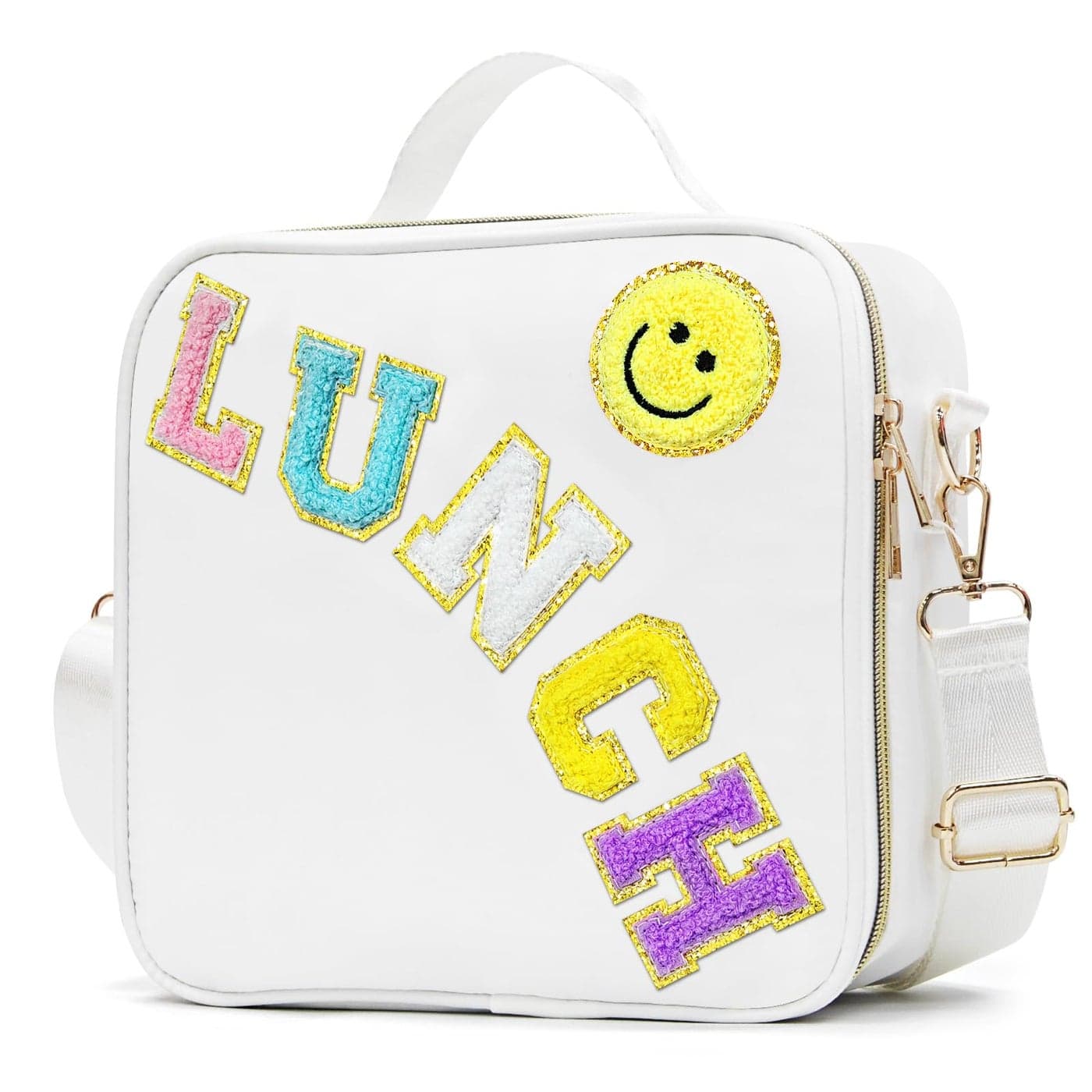 LOKFAR Insulated Lunch Bag Women Lunch Box Kids for Teen Girls Boys Cute Preppy Lunch Boxes With Adjustable Shoulder Strap Waterproof Nylon Lunchbox Lunch Bags for School Work Picnic White