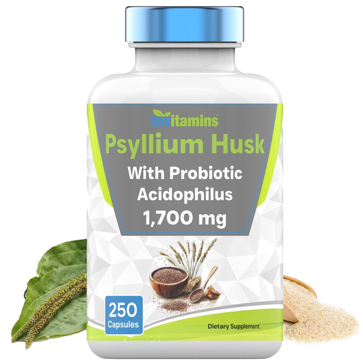 tnvitamins Psyllium Husk Capsules 1700 MG 250 Capsules with Probiotic Acidophilus Extra Strength Soluble Dietary Fiber Supplement Supports Digestive Health