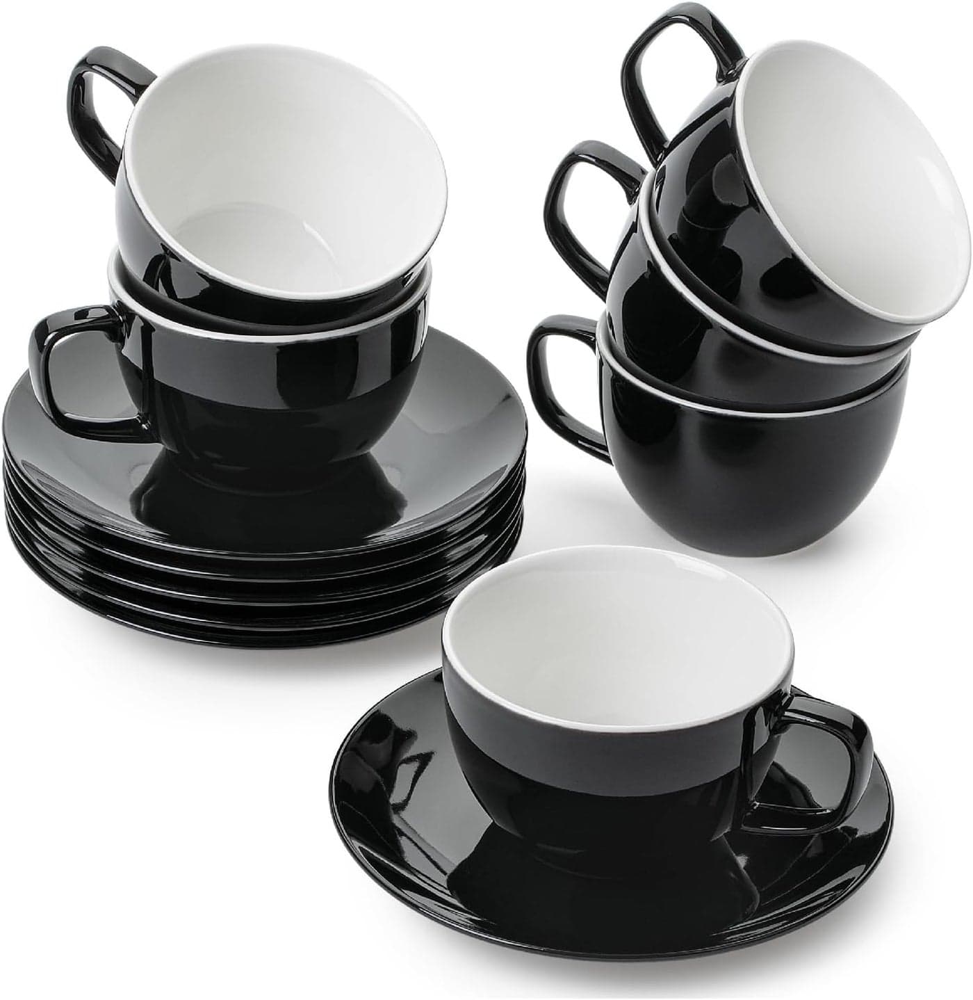 BTaT Porcelain Tea Cups and Saucers 6oz Black Set of 6 Adults