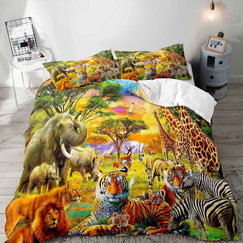 VIVIHOME 2PCS Safari Duvet Cover Twin Bedding Boys Kids Bedding Zoo Jungle Animal Tiger Lion Elephant Zebra Giraffe African Wildlife Wild Animal Comforter Bedspread Quilt Cover 1 Pillowcase