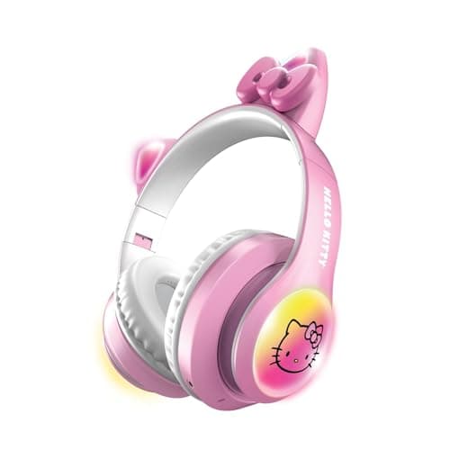 Hello Kitty Wireless Bluetooth Light-Up Headphones with Built-in Microphone, Foldable Design, Adjustable Headband, 8 Hours Playtime, LED Kitty Earcups, for Kids & Adults (Pink)