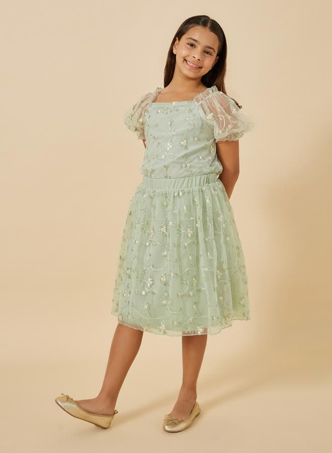 Embroidered Puff Sleeve Top And Skirt Set
