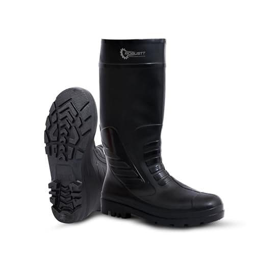 Robustt Steel Toe Lightweight Gum Boots | Standard Steel Safety Shoes | Size - 6 | Anti Slip, Waterproof | Breathable Textured Leather Shoes | Puncture and Tear Resistant | For Industrial Use (BLACK)