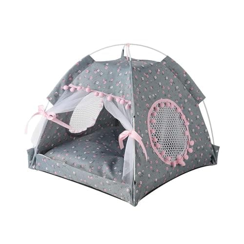 Cat Bed Tents Dog House Indoor Outdoor Lace Mesh Breathable Windows Door Curtains Removable Portable Nest Teepe House SmallGrayPink