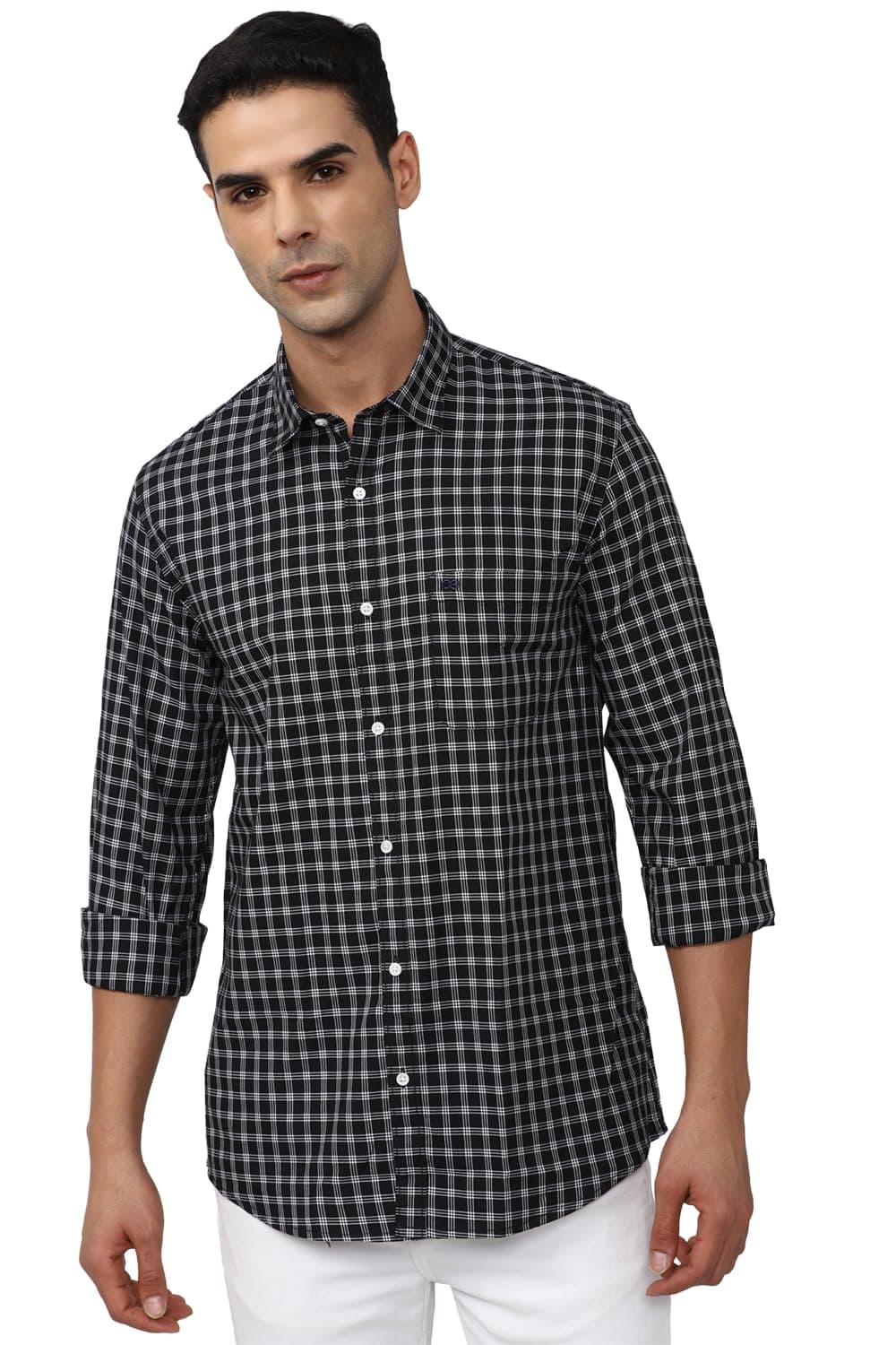 Peter England Men's Slim Fit Full Sleeve Checkered Casual Shirt | 100% Cotton | Premium Twill Weave Black