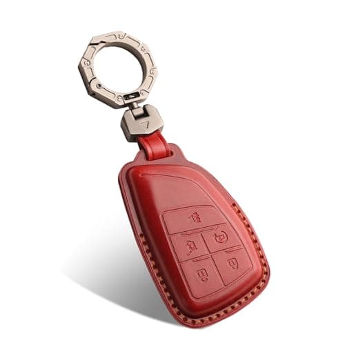 QBUC for Chevy Genuine Leather Key Fob Cover Smart Key Holder Sleeve Fit for Chevy 2025 20242021 Tahoe Suburban GMC Yukon GM Buick Silverado Sierra 2500HD 3500HD Red 5 Buttons