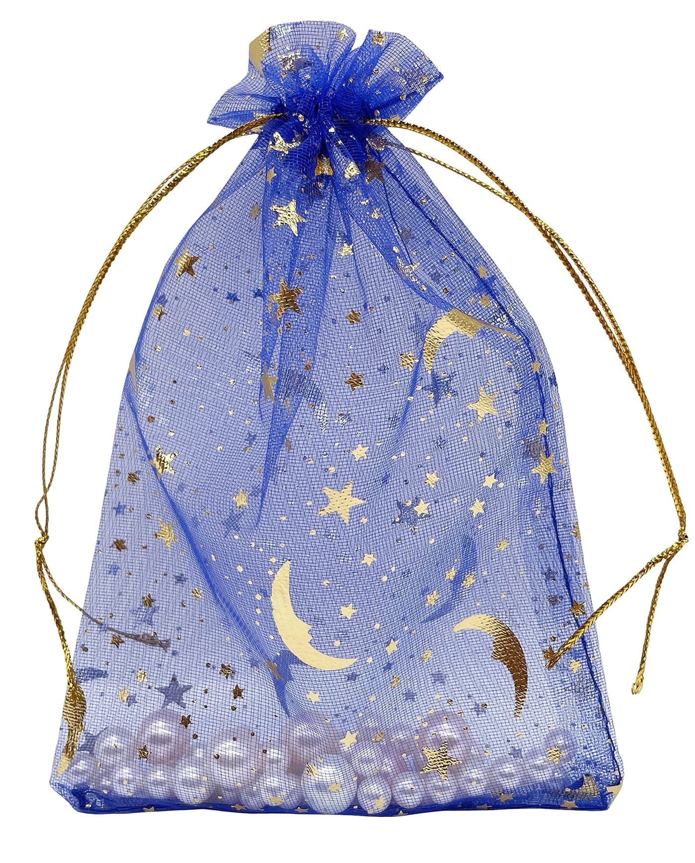 Jexila 100PCS Blue Organza Bags 4X6 Inch Small Drawstring Jewelry Gift Bag Moon Star for Wedding Baby Shower Party Favor Mesh Candy Bags Blue