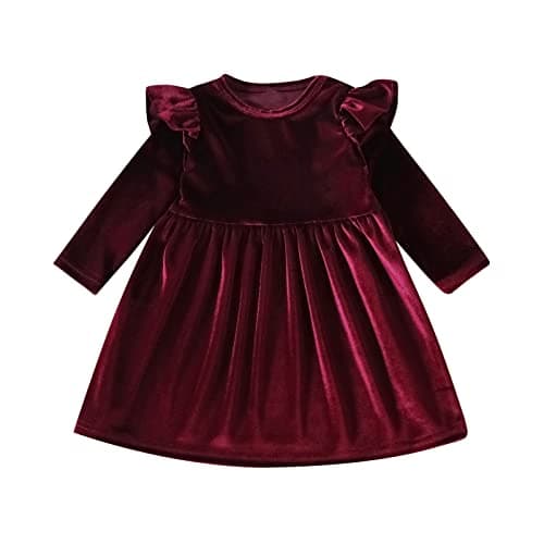 Toddler Baby Girls Velvet Tutu Dress Ruffle Long Sleeve Princess Pageant Christmas Party Wedding Dresses Fall Winter Clothes Infant Kids Birthday Holiday Playwear Dresses Outfits Wine Red 18-24 Months
