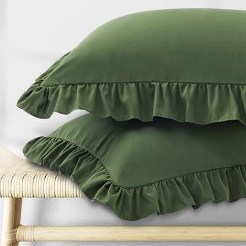 KKJIAF Ruffle Pillow Cases King Size Set of 2, Ruffled Pillow Covers with Envelope Closure, Wrinkle Resistant Pillowcases 20" x 36", Ruffled Pillow Shams, Olive Green