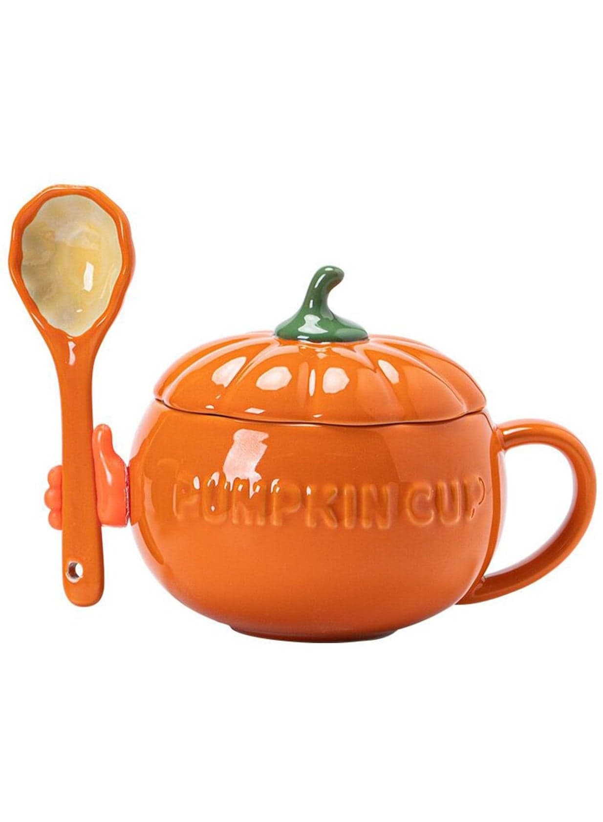 Tech - Pumpkin Shaped Ceramic Coffee Cup, Tea Cup, Milk Mug with Lid, 300ml (Cup+ spoon+ silicone hand)