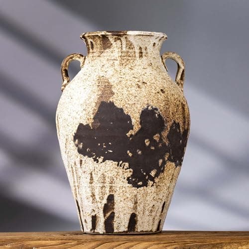 Pottery Vase - Vintage Rustic vase, 10" White Farmhouse Weathered Terracotta Vases, Handmade Tall Textured Antique Clay vases with Two Handles for Home Decor, Entryway, Fireplace Mantel Deco
