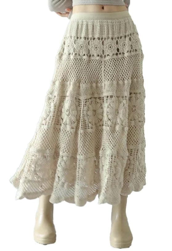 ICW Women Cotton Crochet Drawstring Waist, Floral Pattern Lace Maxi Ankle Length Skirt, Dn122 (in, Alpha, M, Regular, Flared Apricot)