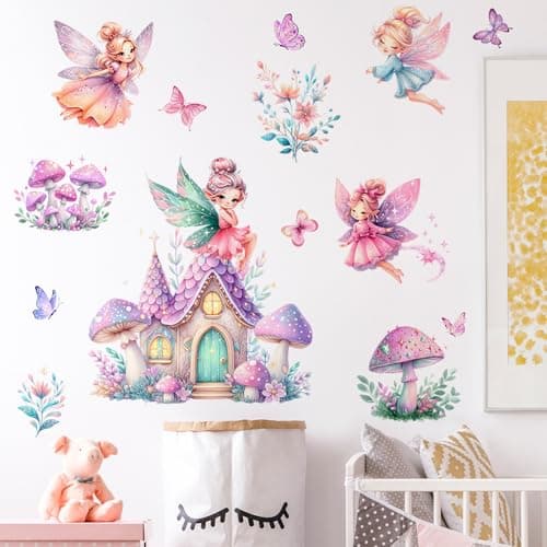 DTLIFEK Fairy Wall Decals Cartoon Mushroom House Wall Stickers Castle Rainbow Flowers Butterflies Peel and Stick Wall Art Removable Flying Girl Wallpaper for Kids Baby Bedroom Nursery Decorations 88