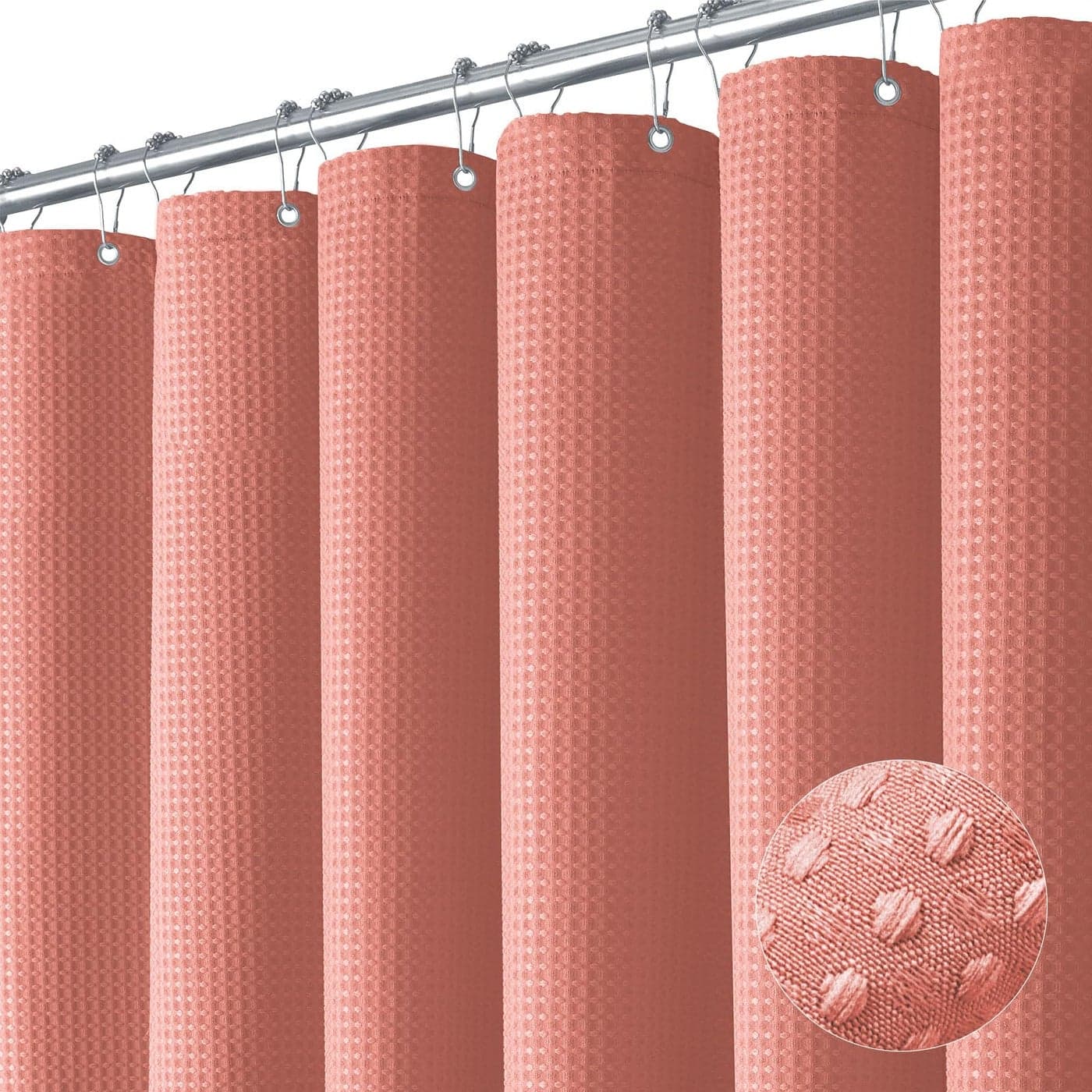 Dynamene Coral Fabric Shower Curtain Waffle Weave Textured Heavy Duty Cloth Shower Curtains for Bathroom 256GSM Hotel Luxury Weighted Bath Curtain Set with 12 Hooks72x72 Coral