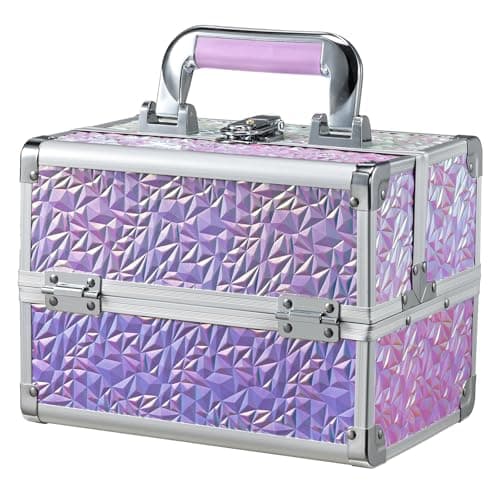 Joligrace Makeup Train Case Makeup Case Organizer Portable Cosmetic Box Storage with 2 Trays Mirror Locking with Keys Make Up Travel Case Nail Kits Traveling Makeup Box Shiny Purple