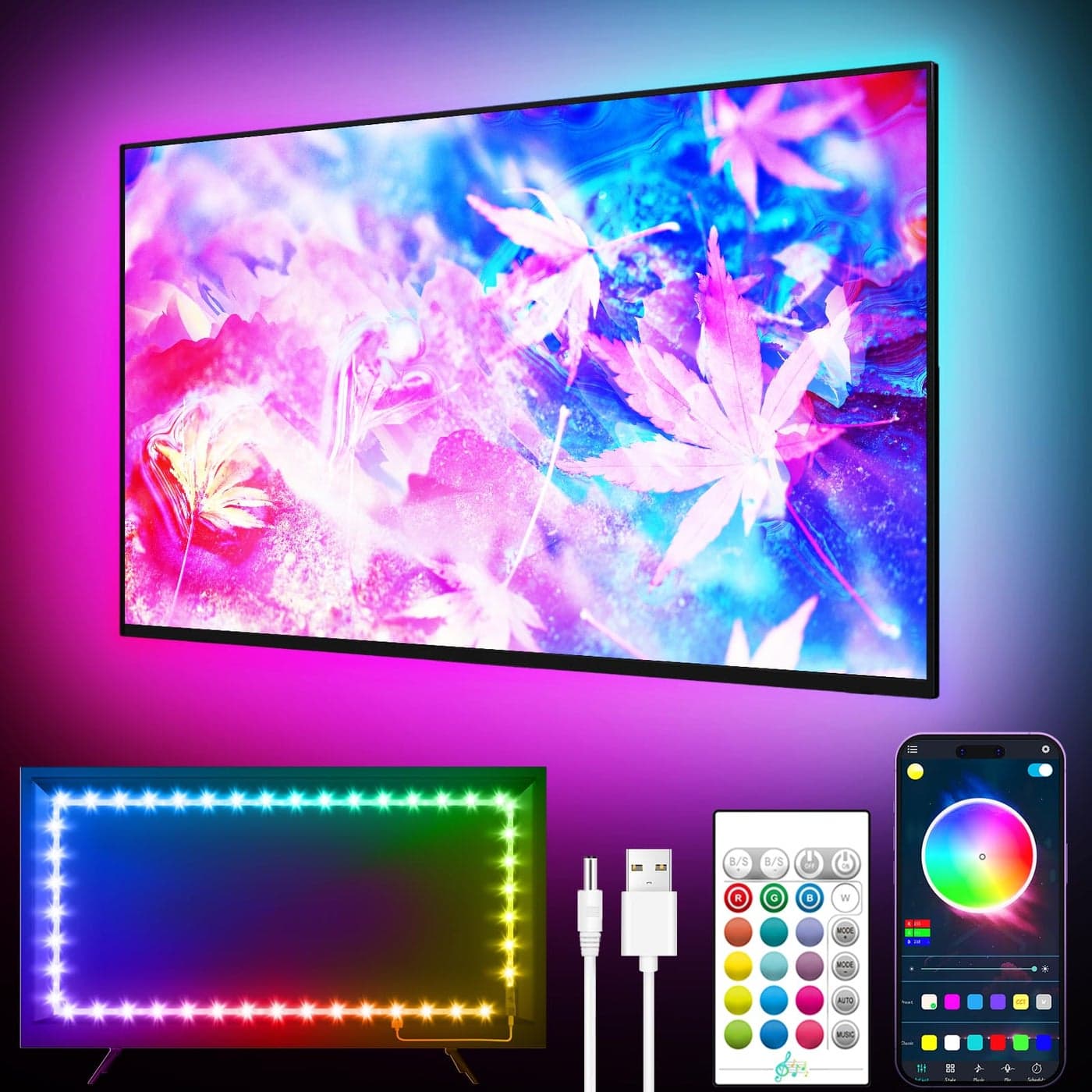 GIPOYENT TV Light Strip Music Sync LED TV Backlights for 3250 Inch TV LED TV Light with Bluetooth Function RGB Color Changing Light Strip for Home Theater 98ft
