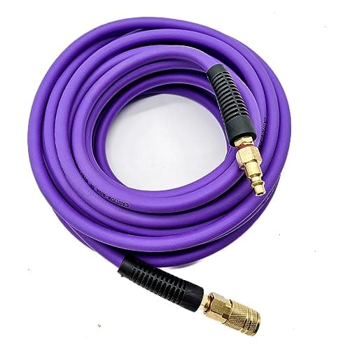 SYXQT Hybrid Air Hose(PVC) 1/4-Inch x 25FT,Air Compressor Hose 300 PSI Heavy Duty, Kink Resistant, All-Weather Flexibility with 1/4-Inch Industrial Air Fittings and Bend Restrictors,Purple