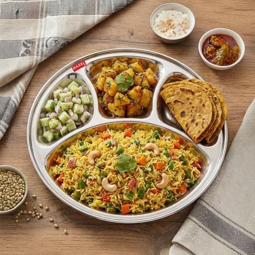 HAZEL Stainless Steel Round Plate Thali with 4 Compartment Mess Plate Lunch Dish, Small, 1 Pc