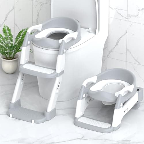 Potty Training Seat, Toddler Potty Training Toilet with Step Stool Ladder for Kids Boys Girls, 3 in 1 Foldable Toilet Seat Potty Chair with Urinals, Splash Guard, Handles, Anti-Slip Pad,Grey