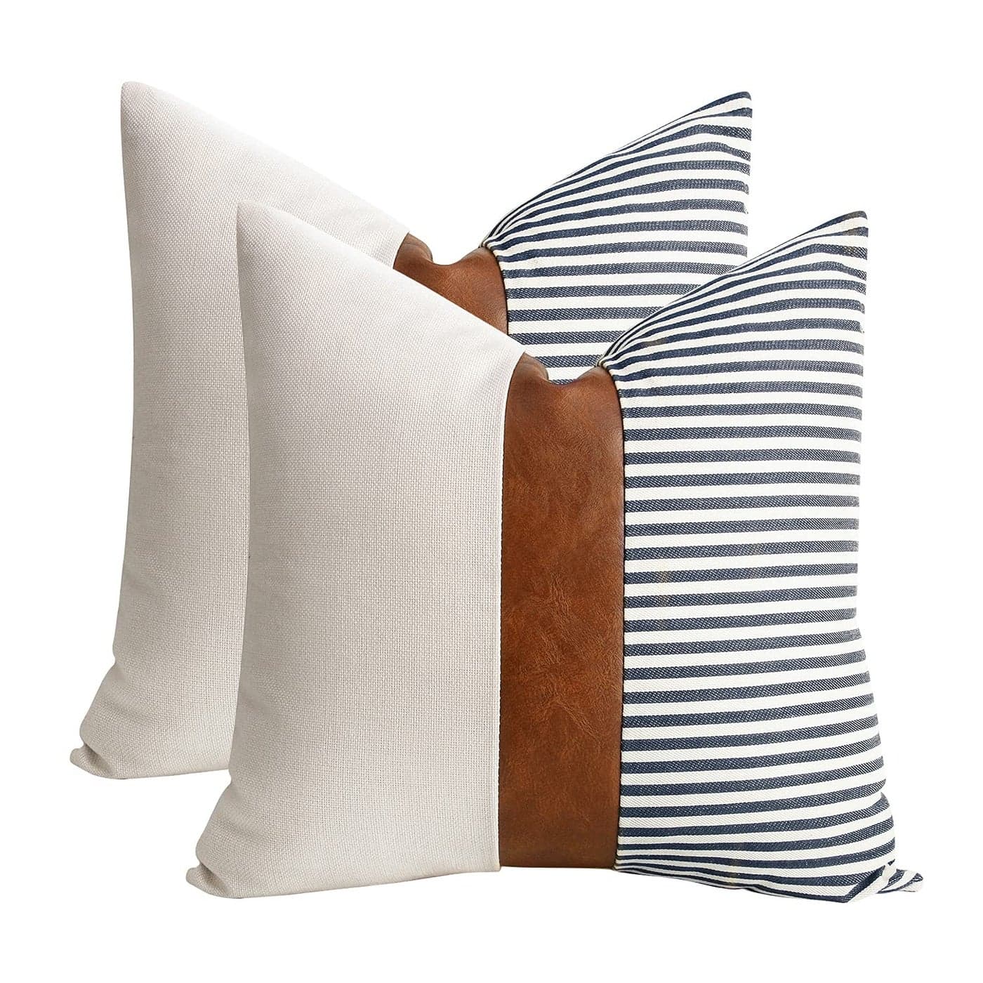 cygnus Set of 2 Farmhouse Decor Stripe Patchwork Linen Throw Pillow CoversModern Tan Faux Leather Accent Pillow Covers 18x18 inch Navy Blue