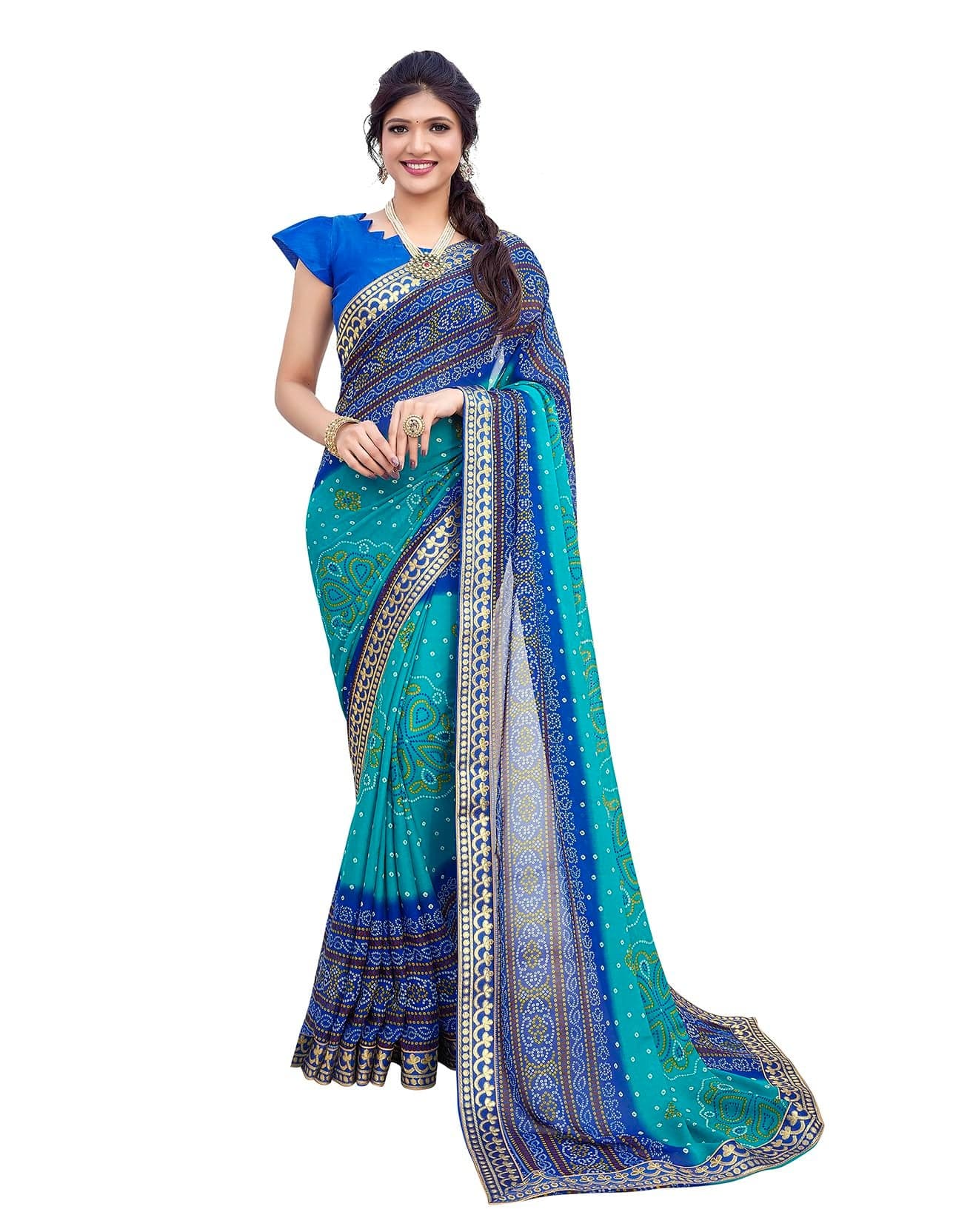 Priyashi Women Georgette Bandhani Printed Saree with Jacquard Lace & Blouse Material |saree for Women | Saree | New Sari | Latest Saree_AZ-PY-P3-YASTIKA BLUE