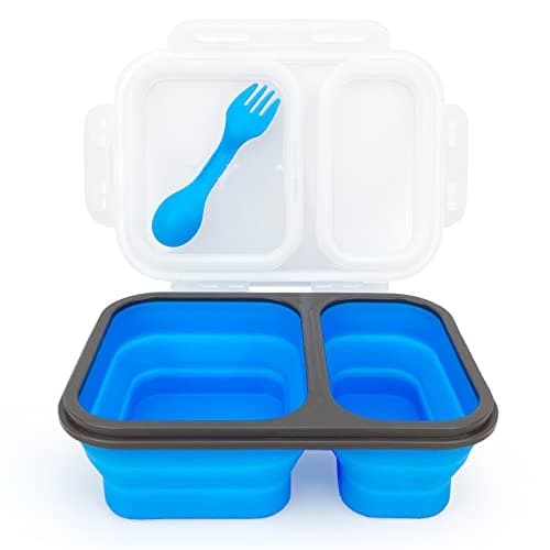 Lunbengo 2 Compartments Collapsible Airtight Bento Box with Ideal Portion 600ml & 450ml and 2 in 1 Spoon & Fork, Food Grade Silicone Lunch Container for Adults Work Travel, Microwave Safe
