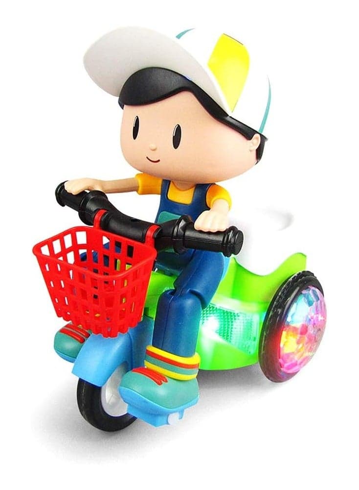 Electric Stunt Tricycle Toy for Kids – 360° Rotating Robot Bike with LED Lights & Music | Automatic Bump & Go Scooter with Cute Cartoon Rider | Battery Operated Interactive Action Vehicle | Best Birthday Party Gift for Boys & Girls 3+