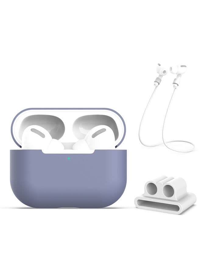 Case Cover For AirPods Pro 3 in 1 Silicone Earphone Protective Case + Earphones Buckle + Anti-lost Rope Set Grey