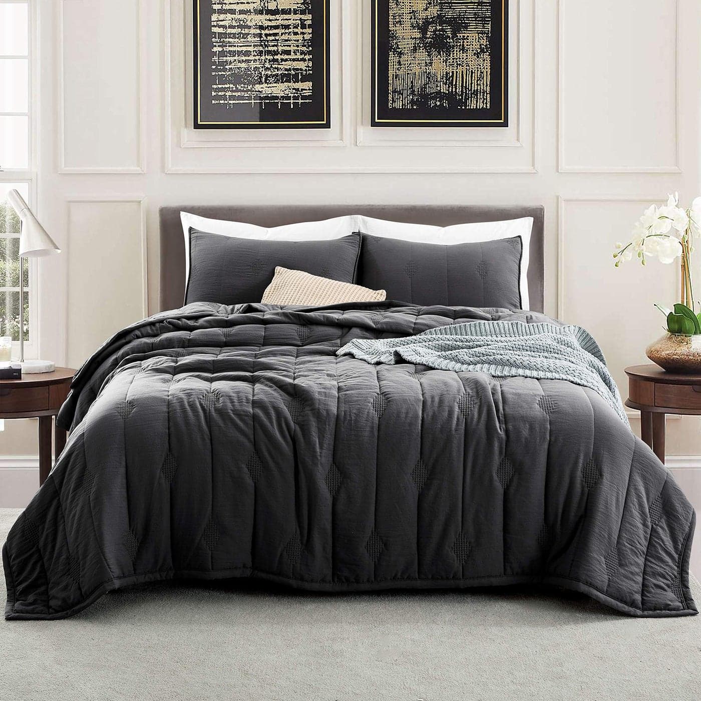 ANNAZ HOME King Quilt Set Lightweight Bedding Set Washed Soft Fabric Grey Boho Embroidered Coverlet AllSeason Machine Washable 3Piece Set 1 Quilt 2 Shams Charcoal King Set
